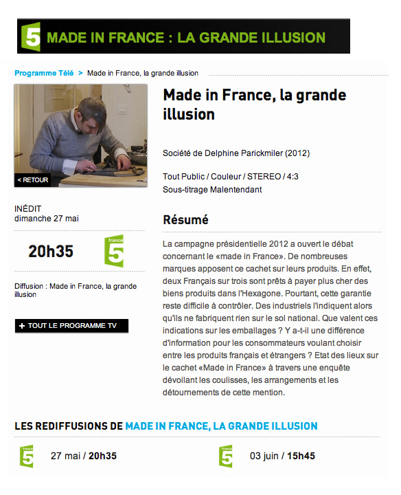 philippe gaber sera dans le reportage Made in France sur france 5 le 27 mai 2012 20H30