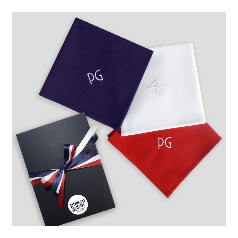 Set of Tricolour Organic handkerchiefs personalised with your embroidered Initials  by PhilippeGaber Made in Paris France ©philippegaber 