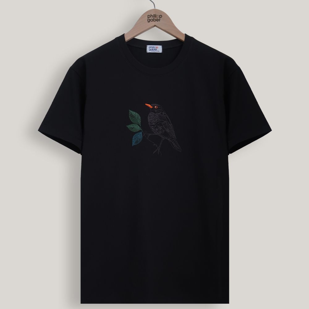 Organic T-shirt black bird in the night embroidered Made in Paris France by philippegaber