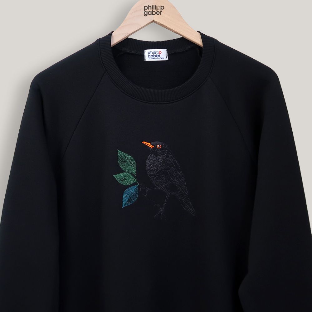 Organic sweatshirt blackbird in the parisian night embroidered  made in Paris France ethical fashion by PhilippGaber