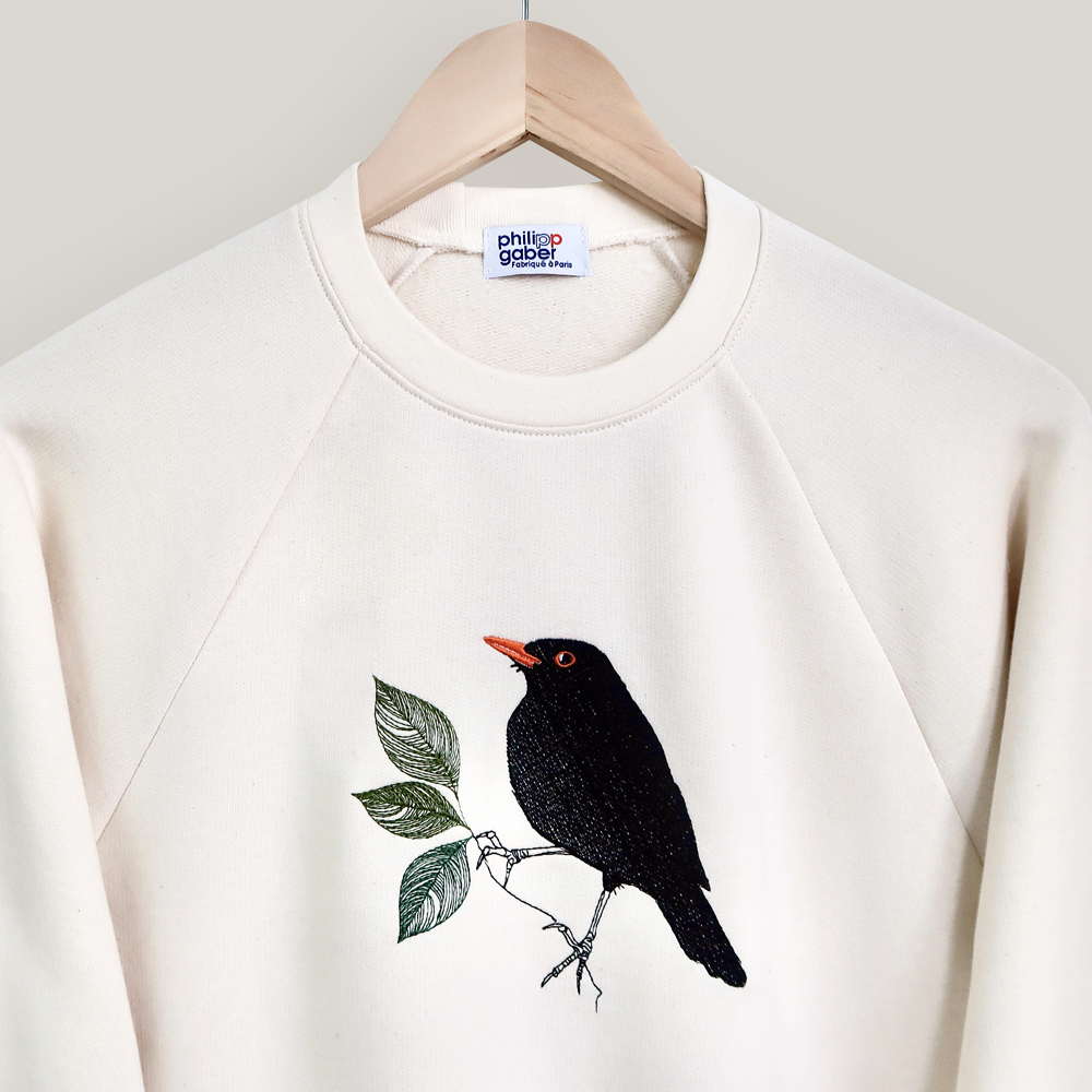 Organic natural Sweat-shirt Black bird embroidered made in Paris France by PhilippeGaber