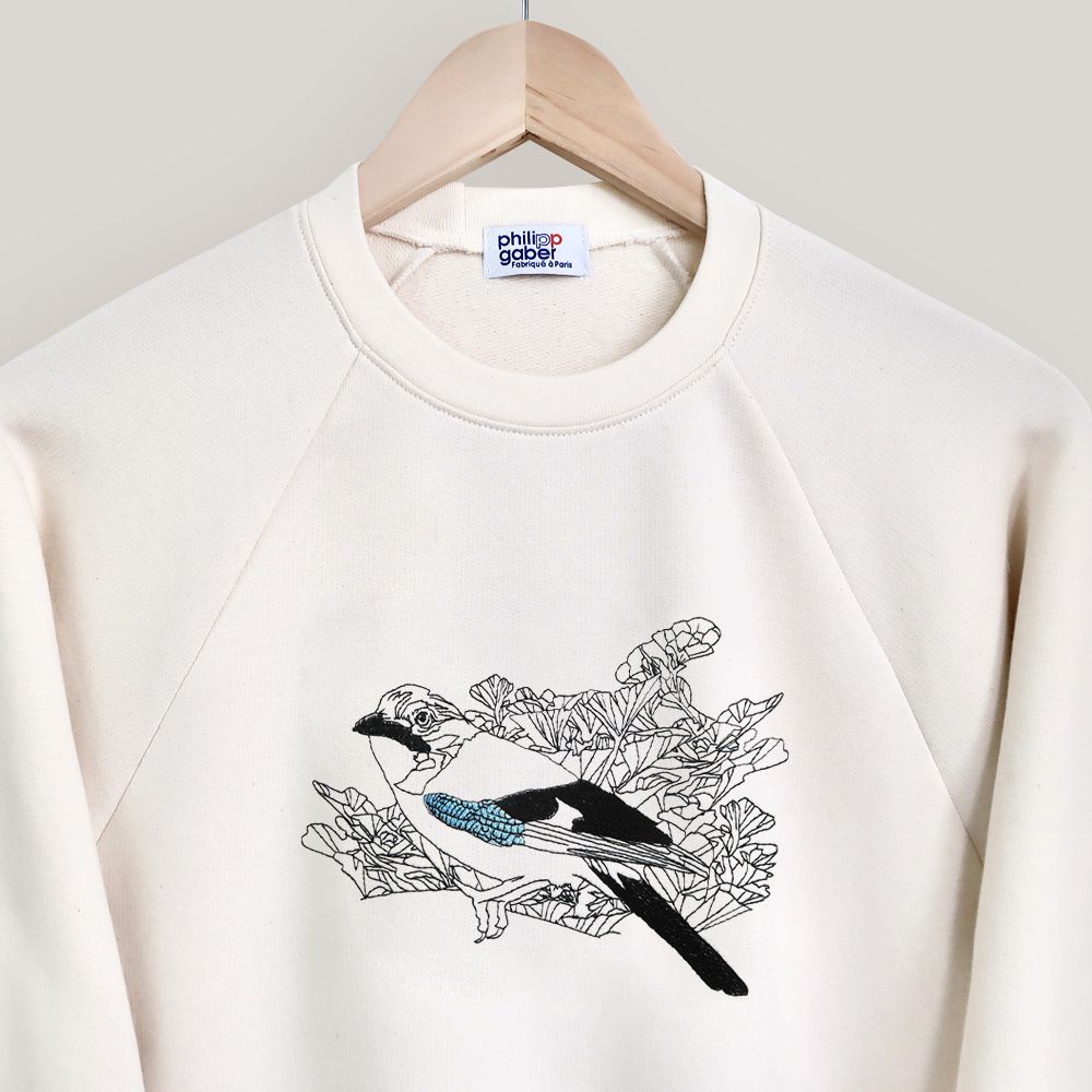 Organic Sweat-shirt with an Eurasian jay embroidered made in Paris by PhilippeGaber ©philippegaber 