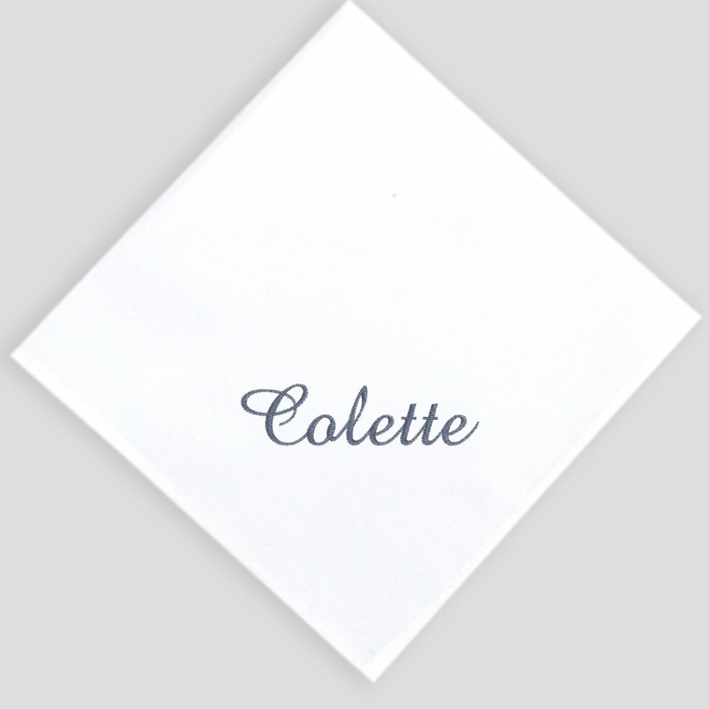 Organic handkerchiefs with first name style Colette embroidered Made in Paris by philippegaber