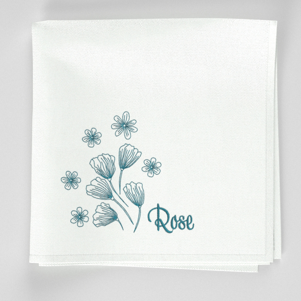 Personalized organic handkerchiefs with first name embroidered style LilyRose made in Paris by Philippe Gaber