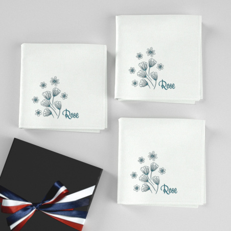 Personalized organic handkerchiefs with first name embroidered style LilyRose made in Paris by Philippe Gaber