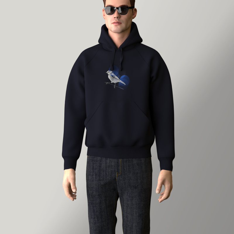 Sweatshirt à capuche avec une mésange bleu graphique brodée et fabriqué à Paris par PhilippGaber