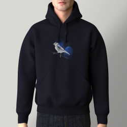 Sweat capuche avec une mésange bleu graphique brodée et fabriqué à Paris par PhilippGaber