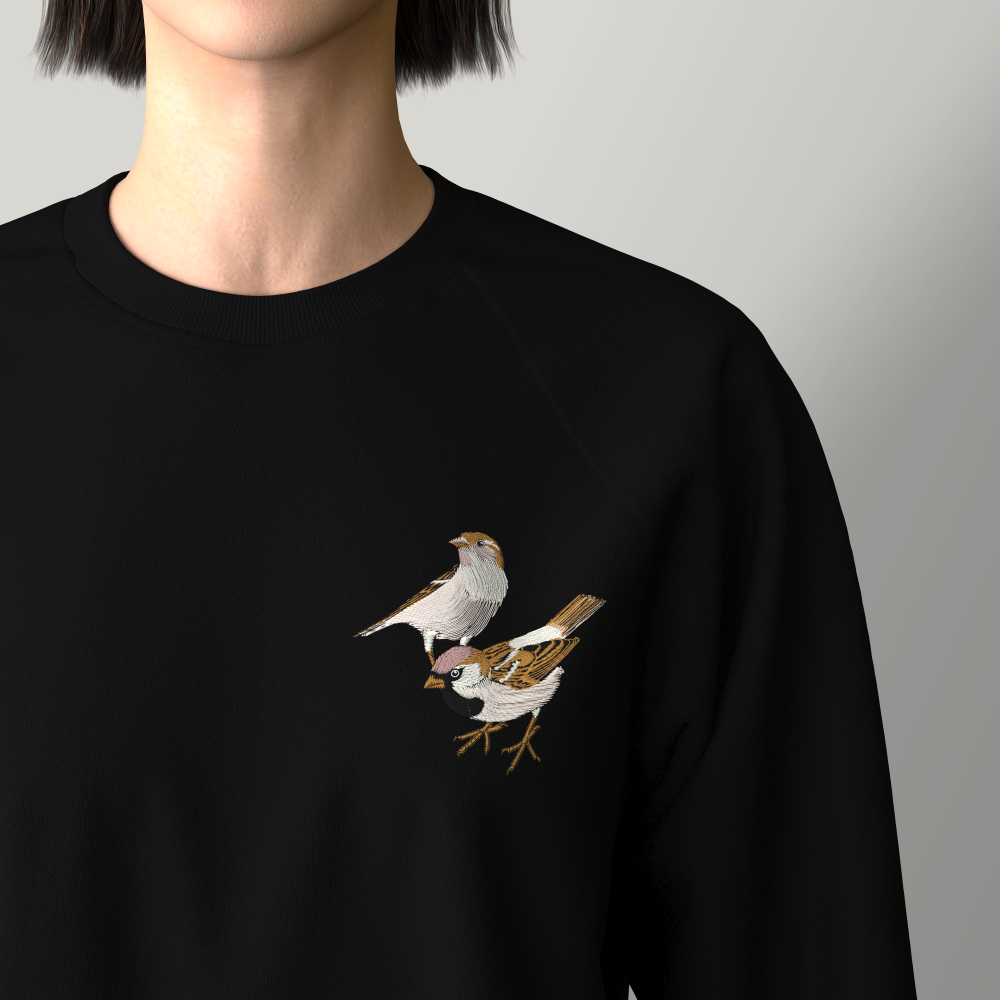 Women's sweatshirt in organic cotton with a couple of sparrows embroidered and made in Paris by PhilippeGaber