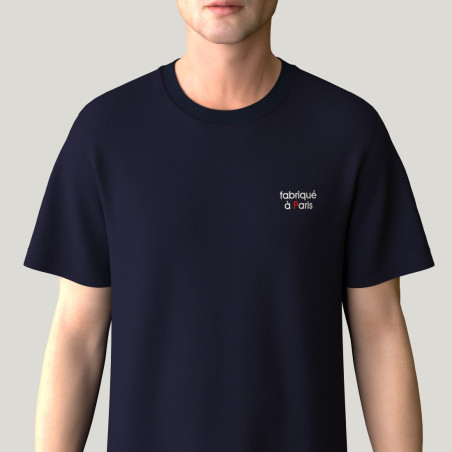 T-shirt coton bio bleu marine avec broderie fabriqué à Paris en blanc et rouge fabriqué et brodé à Paris par PhilippeGaber