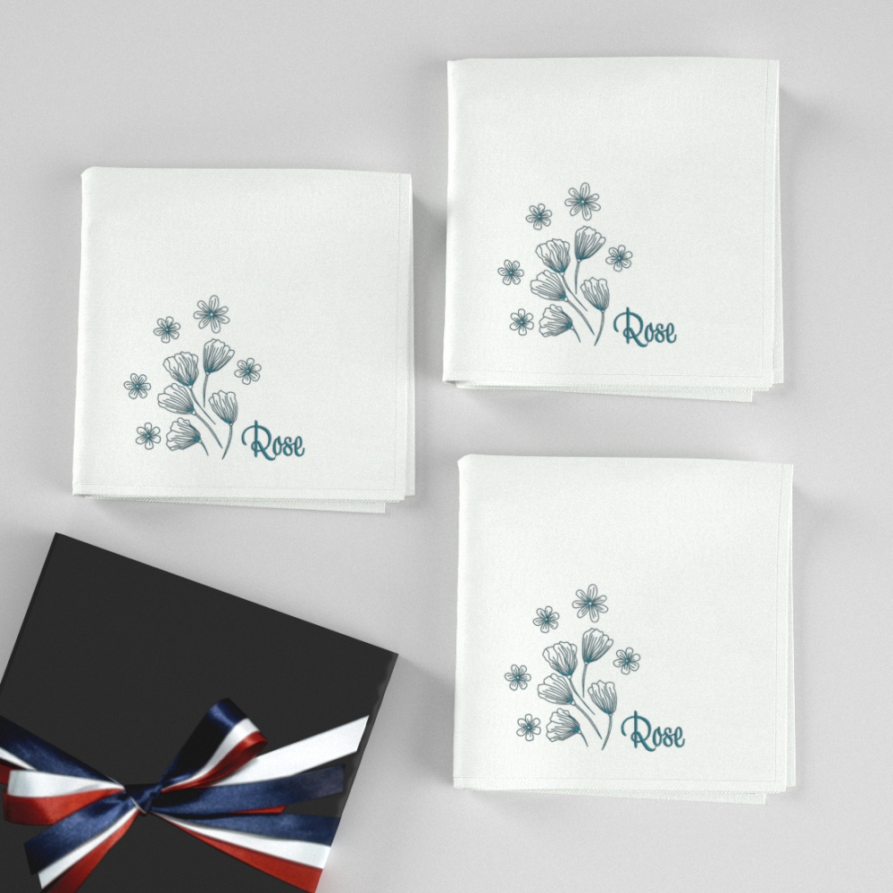 3 organic Handkerchiefs with your firstname Lily Rose design embroidered & Made in Paris by PhilippGaber
