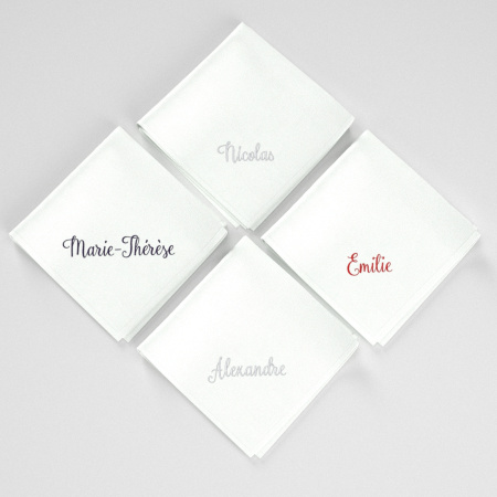 3 organic handkerchiefs with firstname style Rosalie embroidered in blue white red & made in Paris by Philippegaber