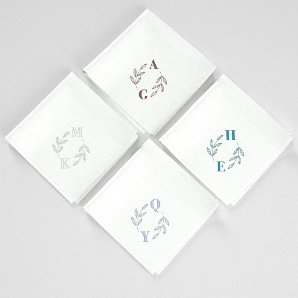 Organic handkerchiefs embroidered with your initials Bodoni & ornament design made in Paris since 2009 by PhilippGaber