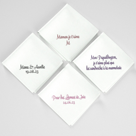 3 mouchoirs français twill de coton bio personnalisés brodés style églantine et fabriqués à Paris par Philippe Gaber