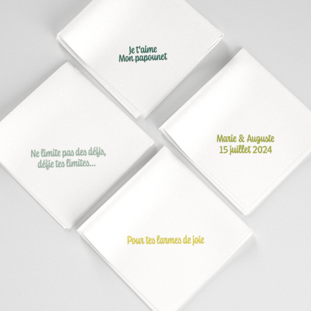 Mouchoir français personnalisé avec phrase, petit texte brodé style coniferous brodé & fabriqué à Paris par PhilippeGaber
