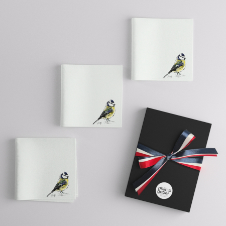 3 Organic Handkerchiefs with the Eurasian blue tit Drawn by Philipp Made in Paris France by PhilippeGaber