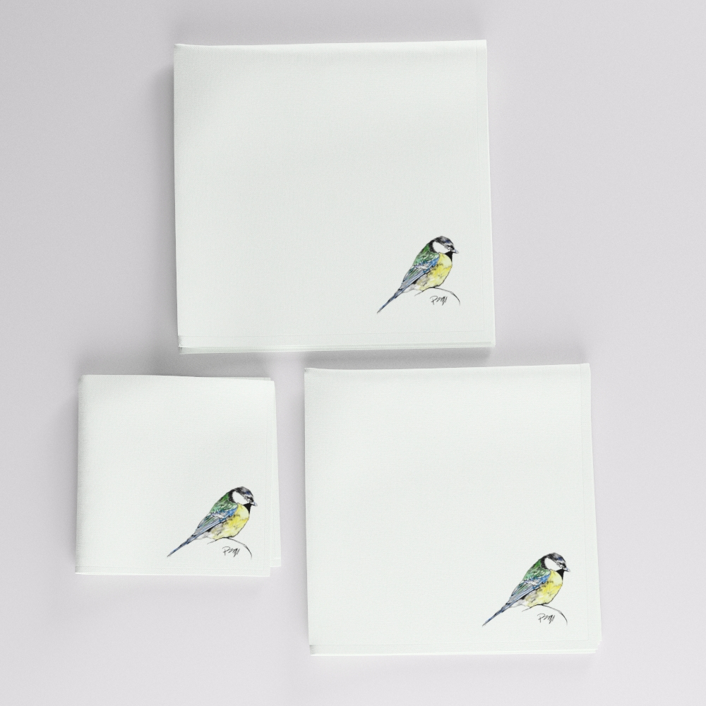 Box of 3 Organic Handkerchiefs with the Great Tit Drawn by Philipp Gaber  Made in Paris France