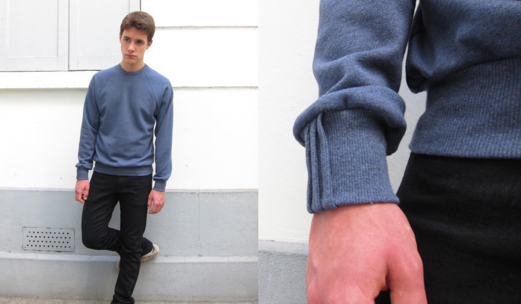 Sweat-shirt éthique coton Bio Gots Bleu chiné, pour l’homme et la femme, Fabriqué à Paris par Philippe Gaber.